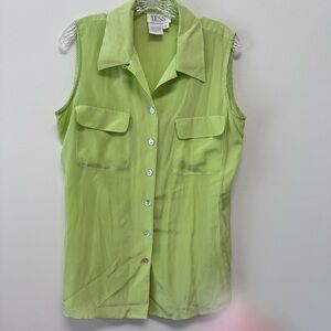 Tess Vintage 100% Silk Green Striped Sleeveless Collared Button Down‎ Size M